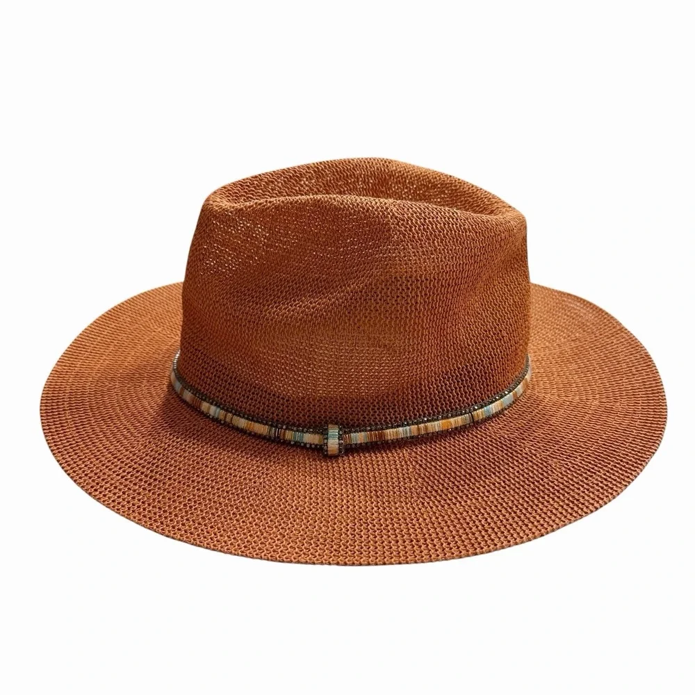Anthropologie Cali Dream Rust Boho Wide Brim‎ Fedora Hat Beaded Band One Size